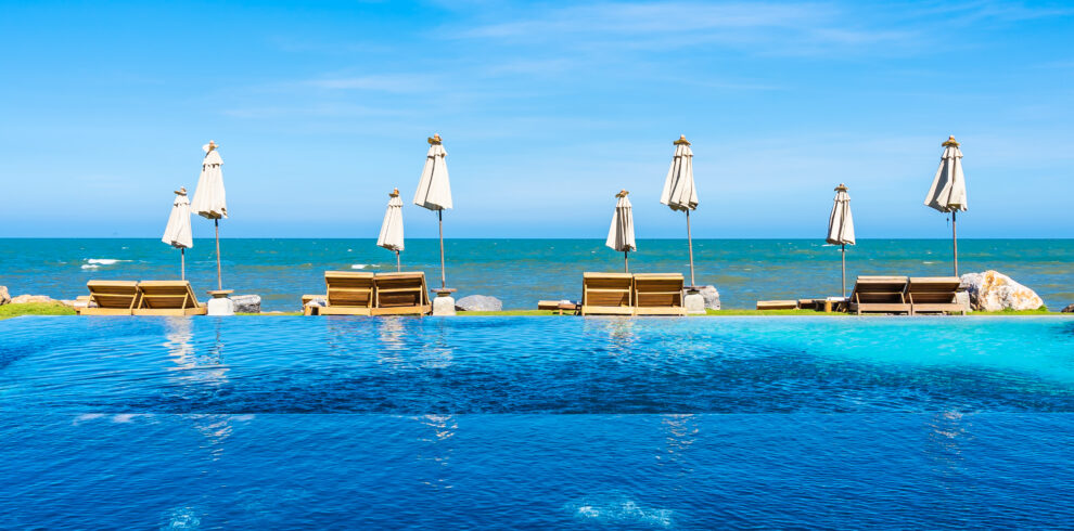 Beautiful outdoor nature landscape with bed deck chair around sw