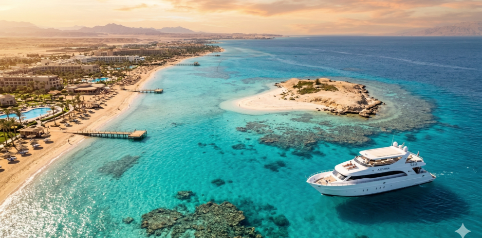 Luxury white yacht in the crystal clear waters of the Red Sea - Hurghada and Sharm El Sheikh boat tours and snorkeling